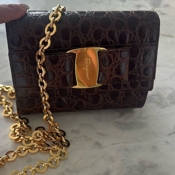 Salvatore Ferragamo Brown Croc Embossed Mini Bag with Gold Chain - Picture 1 of 12